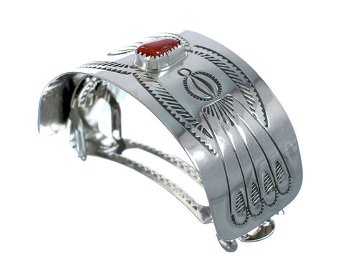 Coral and Genuine Sterling Silver Navajo Hair Barrette JX131024